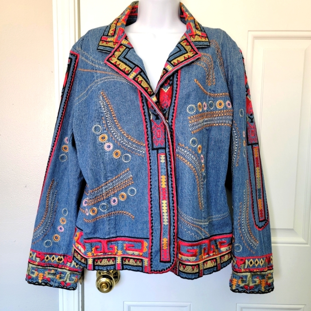 Coldwater Creek Heavily Embroidered Denim Jacket Boho Colorful Statement Size L